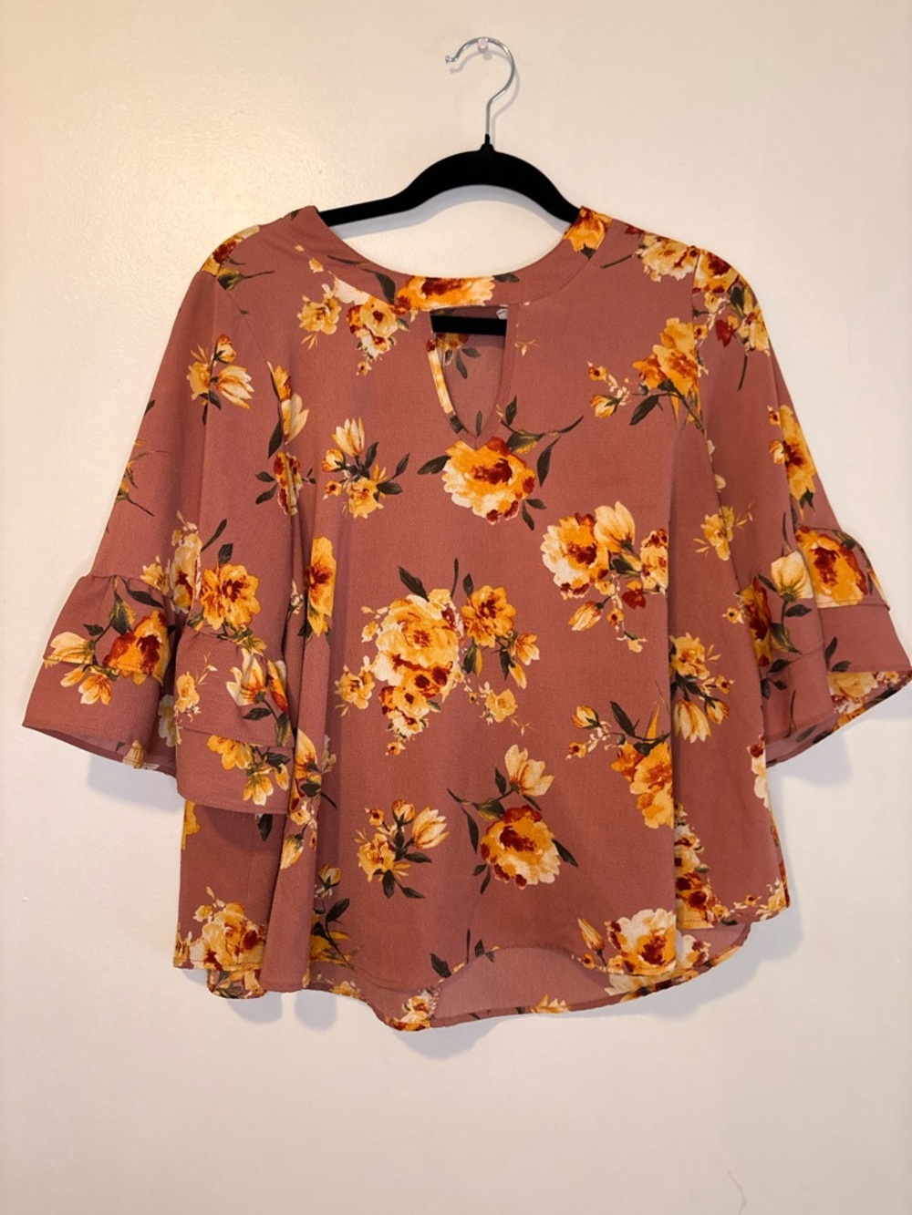 Romantica Floral Blouse Mauve Pink Ruffle Sleeve Keyhole Front Size L